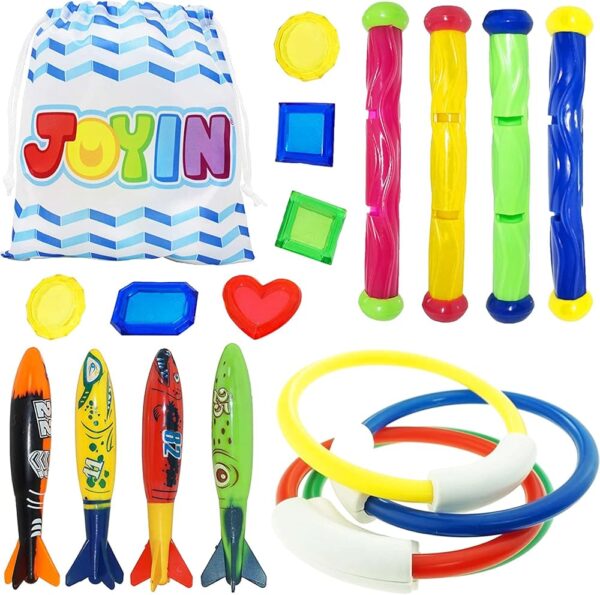 JOYIN 18Pcs Diving Pool Toys for Kids, Swimming Pool Toy with Storage Bag Includes 4 Pool Rings, 4 Diving Sticks, 4 Bandits, 6 Treasures Underwater Swim Pool Games for Ages 8-12 JOYIN 18Pcs Diving Pool Toys for Kids, Swimming Pool Toy with Storage Bag Includes 4 Pool Rings, 4 Diving Sticks, 4 Bandits, 6 Treasures Underwater Swim Pool Games for Ages 8-12