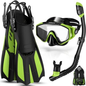 Odoland Snorkel Set, Adults Kid Snorkeling Packages with Dry Top Diving Mask, Adjustable Swim Fins, Mesh Bag, Anti-Fog Anti-Leak Snorkeling Gear for Men Women Odoland Snorkel Set, Adults Kid Snorkeling Packages with Dry Top Diving Mask, Adjustable Swim Fins, Mesh Bag, Anti-Fog Anti-Leak Snorkeling Gear for Men Women