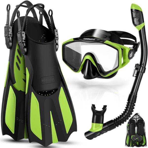 Odoland Snorkel Set, Adults Kid Snorkeling Packages with Dry Top Diving Mask, Adjustable Swim Fins, Mesh Bag, Anti-Fog Anti-Leak Snorkeling Gear for Men Women