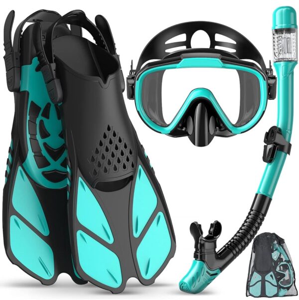 Snorkeling Gear for Adults Men Women,4 in 1 Snorkel Set with Panoramic View Diving Mask Anti-Fog Anti-Leak,Dry Top Snorkel,Fins and Travel Bag for Swimming,Snorkeling and Travel...