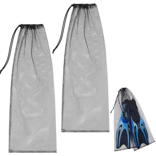 2 Pcs Diving Snorkeling Mesh Drawstring Bags, 29.5" x 10.8" Black Mesh Gear Bags for Snorkel Fins Equipment Dive Backpacks Quick Dry Storages for Beach Gear Travel Outdoor...