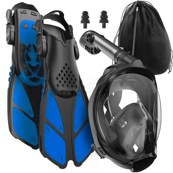 COZIA DESIGN Snorkeling Gear for Adults with Fins - Full Face Snorkel Mask and Swim Fins, 180° Panoramic View Snorkel Mask, Anti Fog and Anti Leak Adult Snorkel Set