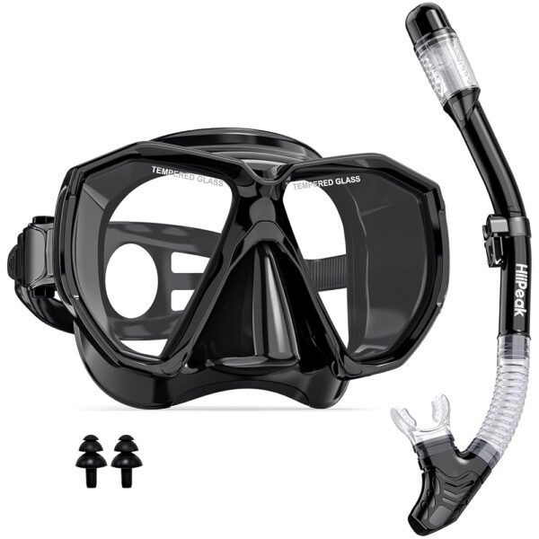 HiiPeak Snorkeling Gear for Adults, Dry Snorkel Set, Panoramic Wide View, Diving Scuba Mask Snorkel Set, Swimming Glasses Nose Cover Youth Diving Goggles