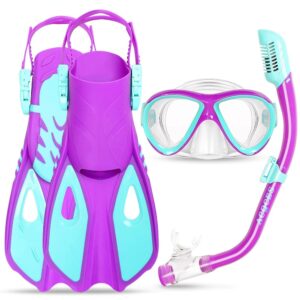 Kids Mask Fins Snorkel Set, Dry Top Snorkeling Gear for Kids Youth Boys Girls Junior Age 5-15 Tempered Glass Snorkel Mask Set Panoramic View Snorkeling Packages Kids Mask Fins Snorkel Set, Dry Top Snorkeling Gear for Kids Youth Boys Girls Junior Age 5-15 Tempered Glass Snorkel Mask Set Panoramic View Snorkeling Packages