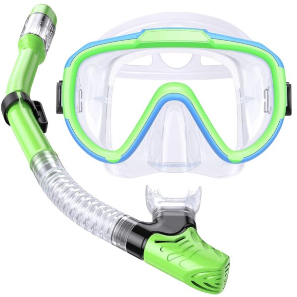 Kids Snorkel Set, Anti-Fog Panoramic Tempered Glass Kids Snorkel mask, Anti-Leak Scuba Diving Mask with Mesh Bag, Dry Top Snorkeling Gear for Kids and Youth Age 4-16