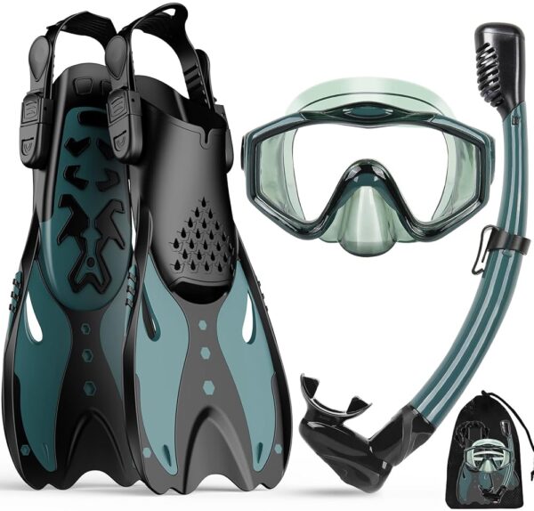 KUYOU Mask Fins Snorkeling Gear for Adults - Wide View Anti-Fog Mask, Full Dry Top Snorkel Gear Set KUYOU Mask Fins Snorkeling Gear for Adults - Wide View Anti-Fog Mask, Full Dry Top Snorkel Gear Set