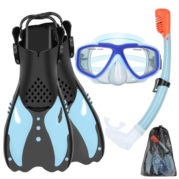 KUYOU Youth Snorkel Set for Ages 7-16, Snorkeling Gear for Kids with Panoramic View Mask Anti-Fog Anti-Leak, Full Dry Top Snorkel, Fins and Travel Bag for Swimming, Snorkeling...