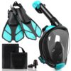 Mask Fins Snorkeling Gear for Adults, Full Face Snorkel Mask & Adjustable Swim Fins Snorkel Set, Panoramic View Snorkel Mask Dry Top Anti-Fog Anti-Leak