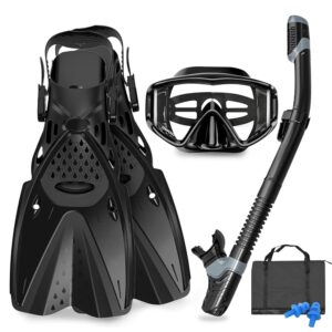 Mask Fins Snorkeling Gear for Adults Men Women, Panoramic View Diving Mask, Anti-Fog Dry Top Snorkel, Adjustable Freediving Swimming Fins/Flippers, Travel Bags for Lap Swimming