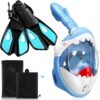 Moukeren 2 Pcs Full Face Snorkel Mask for Kids with Adjustable Swim Fins 180 Degree Panoramic View Shark Snorkeling Gear Diving Fins Swim Flippers for Children Boys Girls