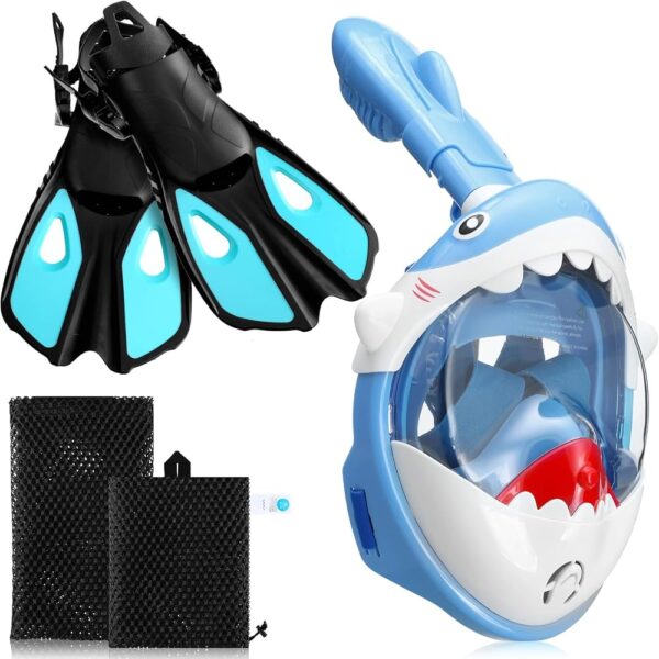 Moukeren 2 Pcs Full Face Snorkel Mask for Kids with Adjustable Swim Fins 180 Degree Panoramic View Shark Snorkeling Gear Diving Fins Swim Flippers for Children Boys Girls
