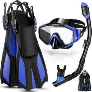 Odoland Snorkel Set, Adults Snorkeling Packages with Dry Top Diving Mask, Adjustable Swim Fins, Mesh Bag, Anti-Fog Anti-Leak Snorkeling Gear for Men Women Odoland Snorkel Set, Adults Snorkeling Packages with Dry Top Diving Mask, Adjustable Swim Fins, Mesh Bag, Anti-Fog Anti-Leak Snorkeling Gear for Men Women