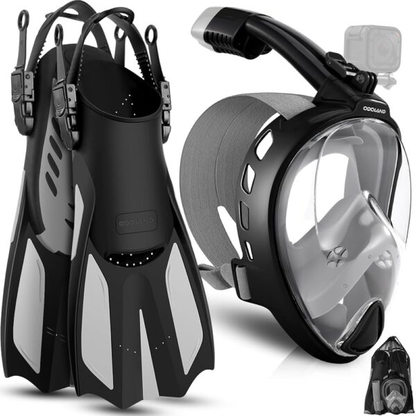 Odoland Snorkeling Packages for Adults & Youth, Full Face Snorkel Mask with Camera Mount, Adjustable Swim Fins, Mesh Bag, Anti-Fog Anti-Leak Scuba Diving Gear for Men & Women