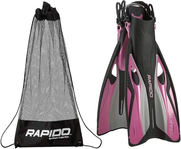 Rapido Boutique Collection Flipper Open Heel Adjustable Snorkel Fin with Snorkeling Gear Carry Bag, Easy Packing and Traveling Snorkeling Swim Fins for Men and Women