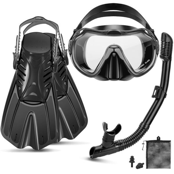 Snorkeling Gear for Adults, 4 in 1 Travel Size Mask Fins Snorkel Set with Panoramic View Anti Fog Mask, Dry Top Snorkel, Trek Fins and Travel Bag, Snorkel Gear for Swimming... Snorkeling Gear for Adults, 4 in 1 Travel Size Mask Fins Snorkel Set with Panoramic View Anti Fog Mask, Dry Top Snorkel, Trek Fins and Travel Bag, Snorkel Gear for Swimming...