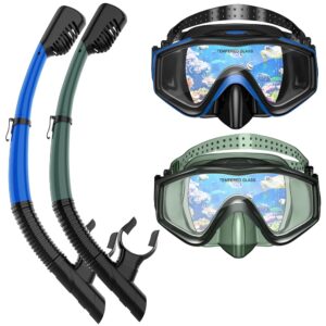 Snorkeling Gear for Adults, Dry Top Snorkel Mask Set 2 Pack Scuba Diving Mask Snorkel Gear Anti Fog Snorkeling Packages Tempered Glass Panoramic View Nose Cover