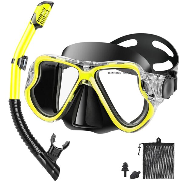 Snorkeling Gear for Adults Kids, Dry Snorkeling Set, Panoramic Anti-Leak and Anti-Fog Tempered Glass Lens, Adjustable Strap Snorkel Set with Mesh Bag Ear Plug for Snorkeling...