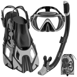 Snorkeling Gear for Adults, Mask Fin Snorkel Set, Dry Top Snorkel, Snorkeling Kit Travel Diving Package, Panoramic View Anti-Fog Anti-Leak Adjustable Swim Fins
