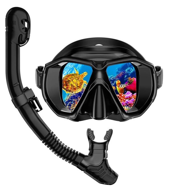Snorkeling Gear for Adults Scuba Mask Set with Nose Cover Anti Fog Diving Mask with Dry Top Snorkel for Mens Womens Travel Swim Scuba Diving Snorkeling with Bag