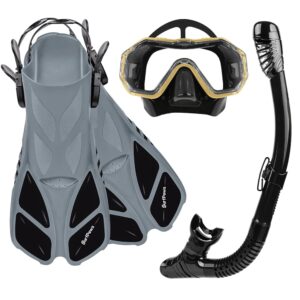 Snorkeling Gear Set - Adjustable Short Fins, Anti-Fog Mask, 3-Piece Dry Top Snorkel, Travel Size with Gear Bag for Adults, Men, Women, Swimming, Diving, Snorkeling Snorkeling Gear Set - Adjustable Short Fins, Anti-Fog Mask, 3-Piece Dry Top Snorkel, Travel Size with Gear Bag for Adults, Men, Women, Swimming, Diving, Snorkeling