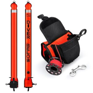 Surface Marker Buoy and Dive Reel Set, 5ft High Visibility Open Bottom Delayed SMB with Reel Storage Bag + 100ft Diving Spool Reel and Clip Surface Marker Buoy and Dive Reel Set, 5ft High Visibility Open Bottom Delayed SMB with Reel Storage Bag + 100ft Diving Spool Reel and Clip