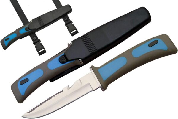 Szco Supplies 9-Inch Blue Dive Knife with Stainless Steel Blade, Rubberized Grip, Sawtooth Spine, Hard-Sheath & Leg Strap for Diving, Snorkeling, and Outdoor Adventures