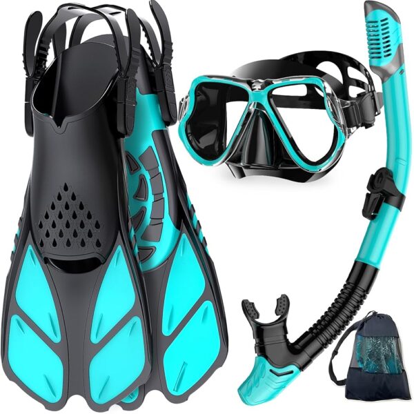 Zenoplige Mask Fins Snorkel Set, Snorkeling Gear for Adults, Panoramic View Snorkel Mask Anti-Fog, Adjustable Dive Flippers, Dry Top Snorkel and Travel Bag, Scuba Gear for...